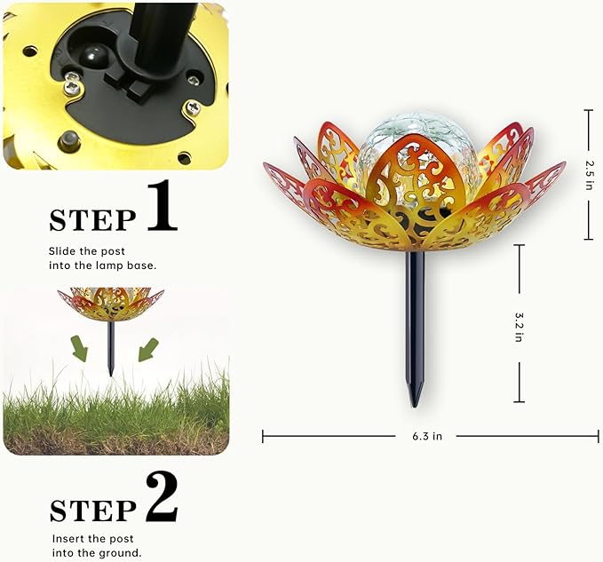2 Pack Solar Garden Decor Lights Outdoor, Decorative Lotus Flower Solar Lights with Crackle Glass Globe, Waterproof Metal Solar Lights for Patio Yard Lawn Walkway Garden Decor