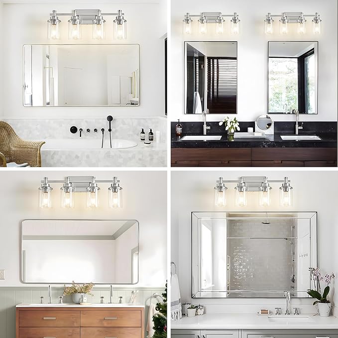 Brushed Nickel 4-Light Bathroom Vanity Light Fixtures Over Mirror, Modern Wall Sconce with Clear Glass Shade for Hallway, 23.6"x7.0"x9.4"
