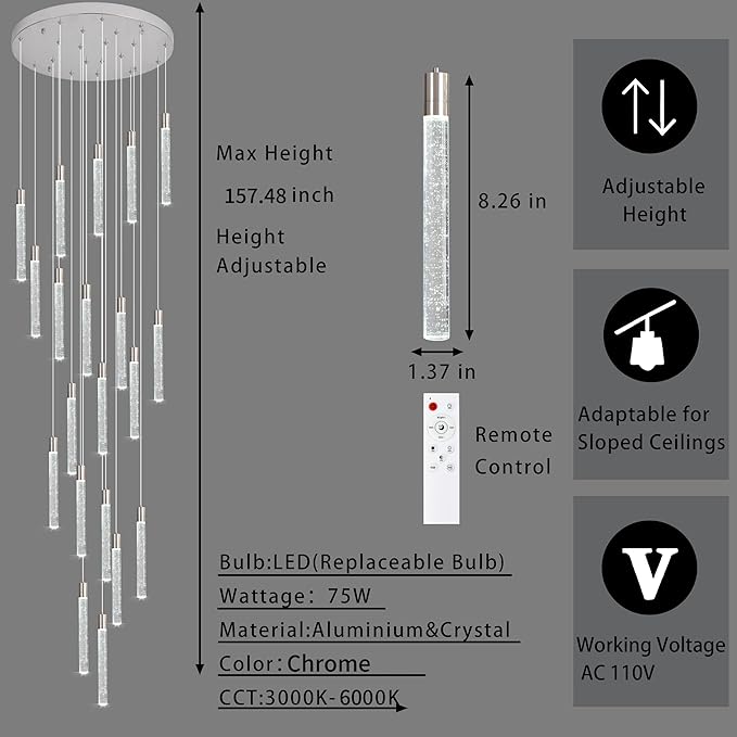 20-Light Chrome High Ceiling Chandeliers Modern Crystal Chandeliers for Entryway Long Spiral LED Dimmable Chandelier Flush Mount Ceiling Staircase Foyer Living Room Ceilings Light Fixture