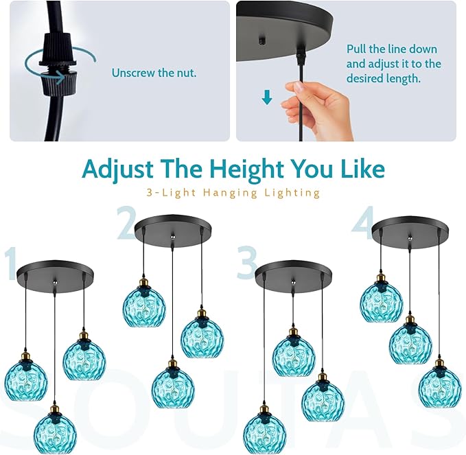 3 light Cluster Pendant Light, Mid Century Modern Dining Room Light Fixtures over Table, Kitchen Island Lights Ceiling Hanging Black, Blue Hammered Glass Chandelier Multi Pendant Light Fixture