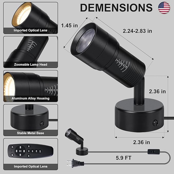 2 Pack Uplighting Indoor, 12W Uplights & Spot Lights with 8° to 60° Zoom Head, Stepless Dimming & Color Temperature Accent & Floor Can Light, Remote & Timer for Plants, Art, Pictures