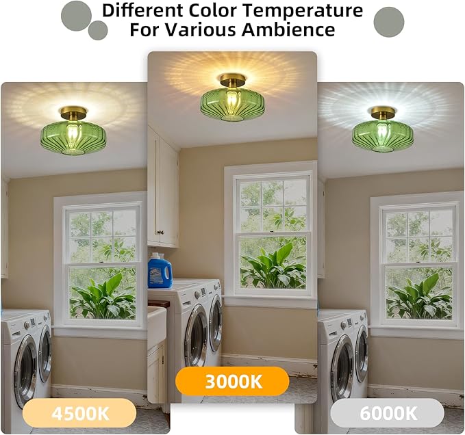 Semi Flush Mount Ceiling Light,11.8 Inch Vintage Green Glass Ceiling Light Fixture,Art Deco Kitchen Lighting Fixtures Ceiling for Hallway Porch Bedroom Bathroom Dining room,E26 Base(Bulb Not Included)