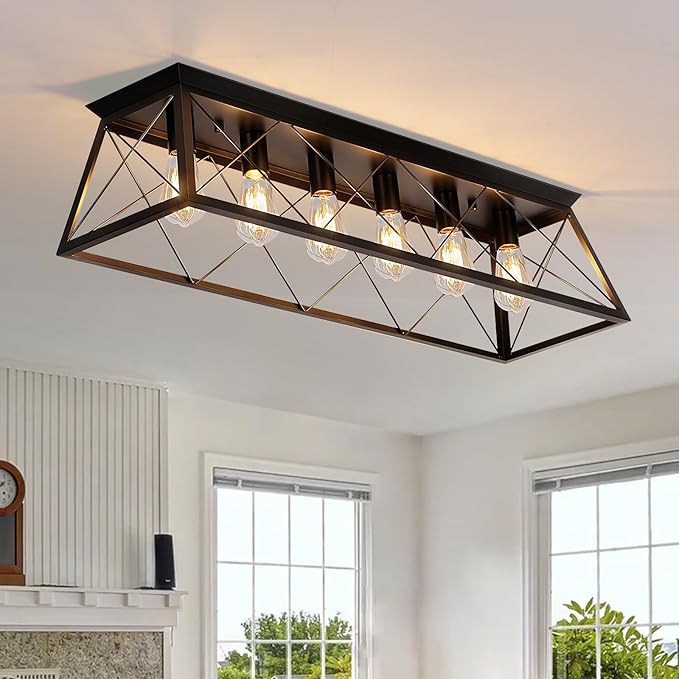 38” Large Black Flush Mount Ceiling Light Fixture, 6-Light Vintage Industrial Cage Chandelier for Dining Room, Kitchen Island, Living Room, Hallway, Dimmable Semi Flush Mount Close to Ceiling Lighting