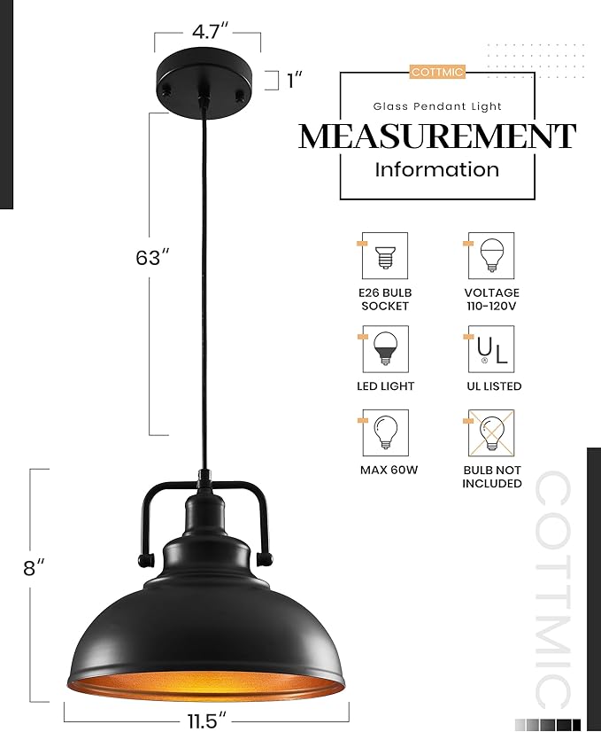 Black Pendant Lights Farmhouse Pendant Light Fixture 11.5in 2 Pack, Adjustable Height, Vintage Pendant Lights for Kitchen Island, Dining Room Barn, Bar, Living Room