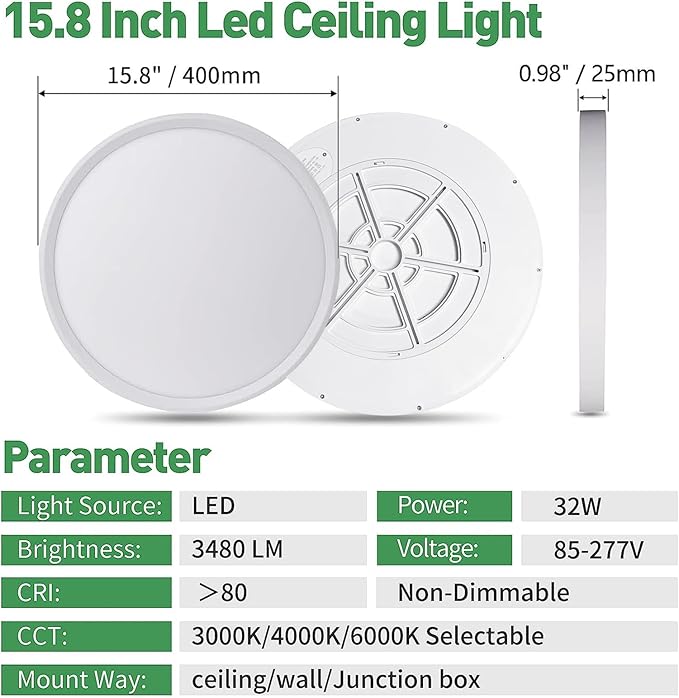 15.8 Inch LED Flush Mount Ceiling Light, 32W, 3480LM, 3000K/4000K/6000K CCT Selectable, Round Flat Panel Light Fits for Hallway, Kitchen, Bedroom, Laundry Room