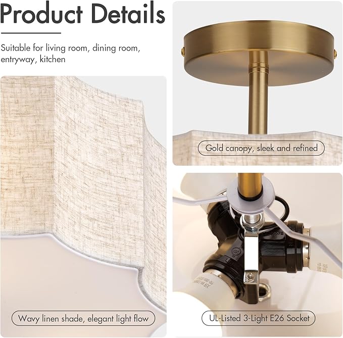 13 Inch Modern Linen Petal Ceiling Light Fixture, Semi Flush Mount Drum Light for Bedroom Kitchen Dining Room Entryway, Fabric Lighting Lamp in Gold for Farmhouse Hallway Closet