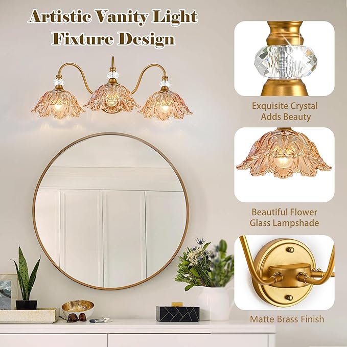 Vintage Bathroom Vanity Light, 3-Light Matte Brass Finish Vanity Light with Flower-Shaped Amber Glass Shades, Retro Wall Sconce for Bathroom, Dressing Table