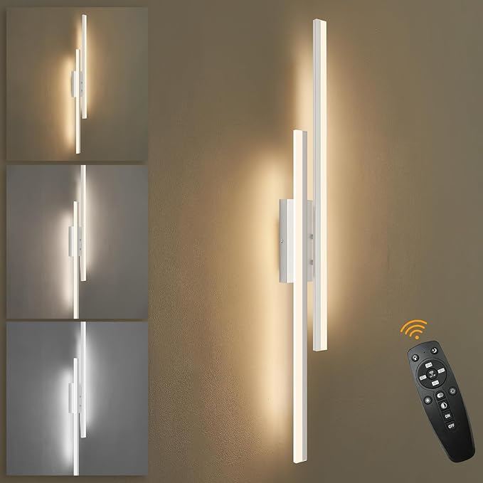 LED Wall Sconce Silver Modern Remote Wall Light Fixtures for Living Room, Dimmable LED Vanity Light Indoor Remote Wall Sconce for Bedside Bedroom Bathroom Dining Room, 39.4inch 1 Pack