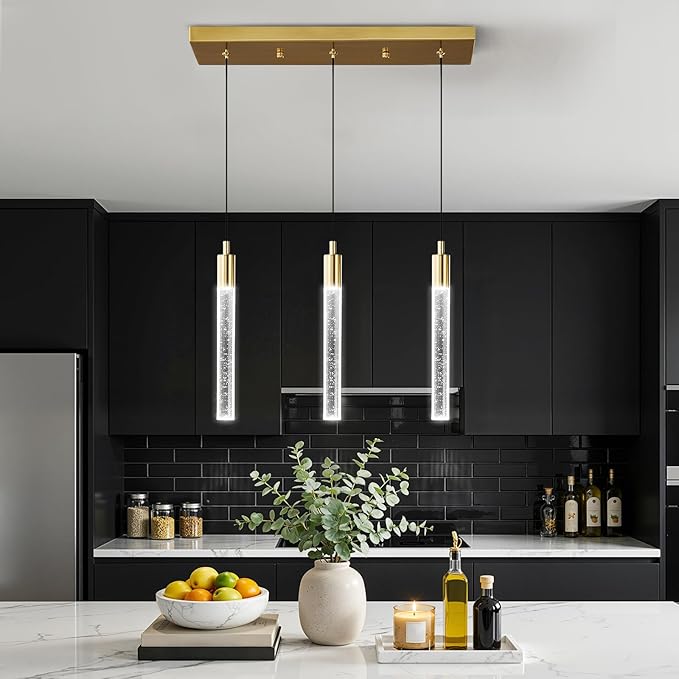 Kitchen Island Lighting Modern Light Fixture Gold Pendant Light Dimmable LED Gold Brass Finish Mini Crystal Pendant Lights for Dining Room Living Room（3-Light）