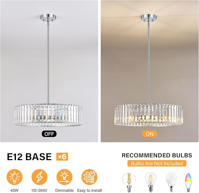 Chrome Crystal Ceiling Light Fixture, Modern Semi Flush Chandelier, Round Hanging Lighting Chandeliers for Dining Room, Kitchen, Bedroom, 6-Light, 19.68 Inch