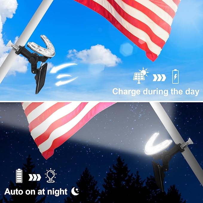 Solar Flag Pole Light, Flagpole Light Solar Powered - 3000K Warm, Super Bright PC Crystal LED Spotlights, Upgraded 2200mAh 145Lm, Adjustable Bracket & Metal Clamp Fits 1-1.5" Flagpole, 8-12 Hrs, Black