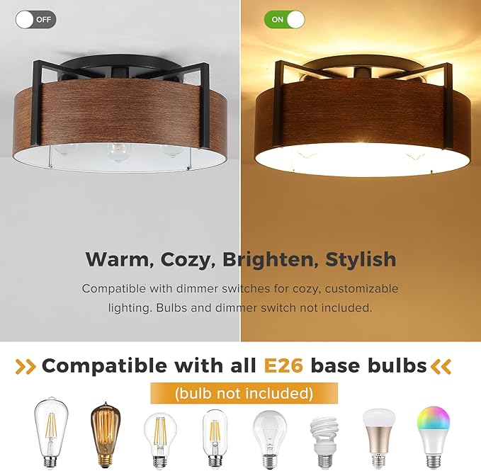 20'' Farmhouse Semi Flush Mount Ceiling Light, 4-Light Rustic Hallway Entryway Light Fixtures, Metal Wood Grain Finish Close to Ceiling Lights for Kitchen Dining Room Bedroom Living Room Foyer