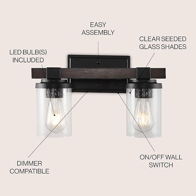 JONATHAN Y 15" Oil Rubbed Bronze LED Vanity Light, Rustic Farmhouse Sconce, Clear Seeded Glass Shade, Industrial Wall Lamp for Bathroom Mirror, Kitchen Sink, LED Bulb (JYL7508A)