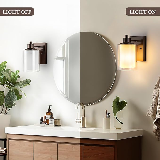 2 Pack Bath Vanity Light Fixtures 1-light, Indoor Oil Rubbed Bronze Wall Light with Dual Glass Shade, Farmhouse Bathroom Wall Scone, Vintage E26 Bese Wall mount Lighting