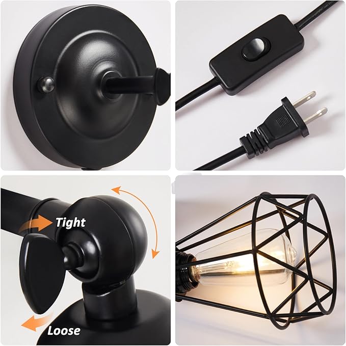Plug in Wall Sconce, Industrial Sconces Wall Lighting, Vintage Wall Lamp with Plug in Cord, Rustic Black Sconce Fixture, On/Off Switch Sconce Light Fixture for Kitchen Bedroom Porch 2 Pack