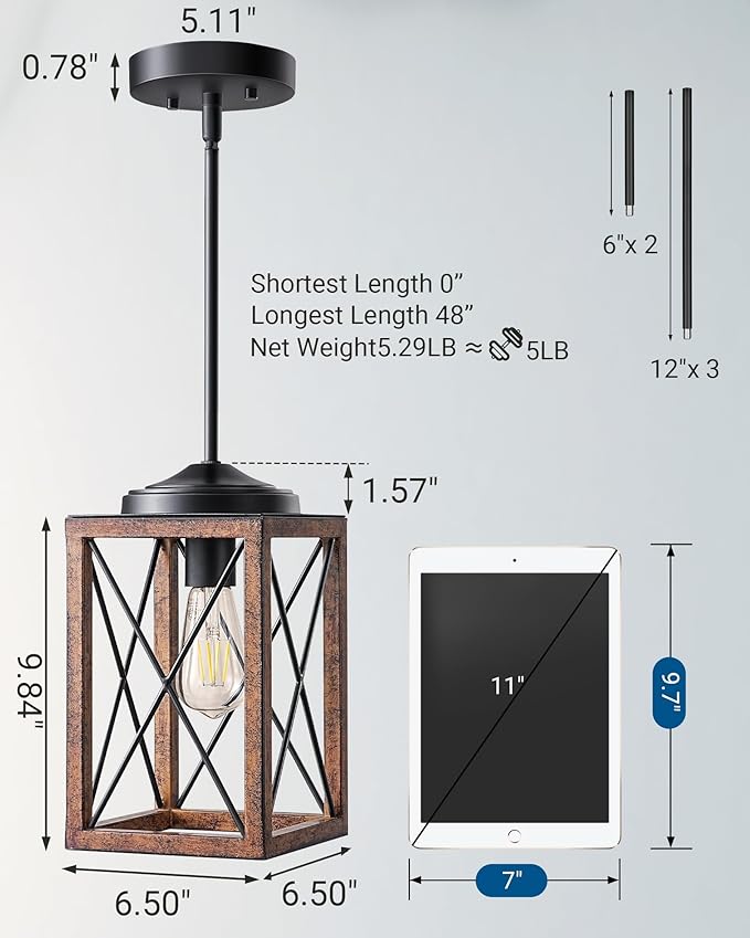 DEWENWILS 2 Pack Farmhouse Pendant Light, Metal Hanging Light Fixture with Wooden Grain Finish, 48 Inch Adjustable Pipes for Flat and Slop Ceiling, Kitchen Island, Bedroom, Dining Hall, ETL Listed