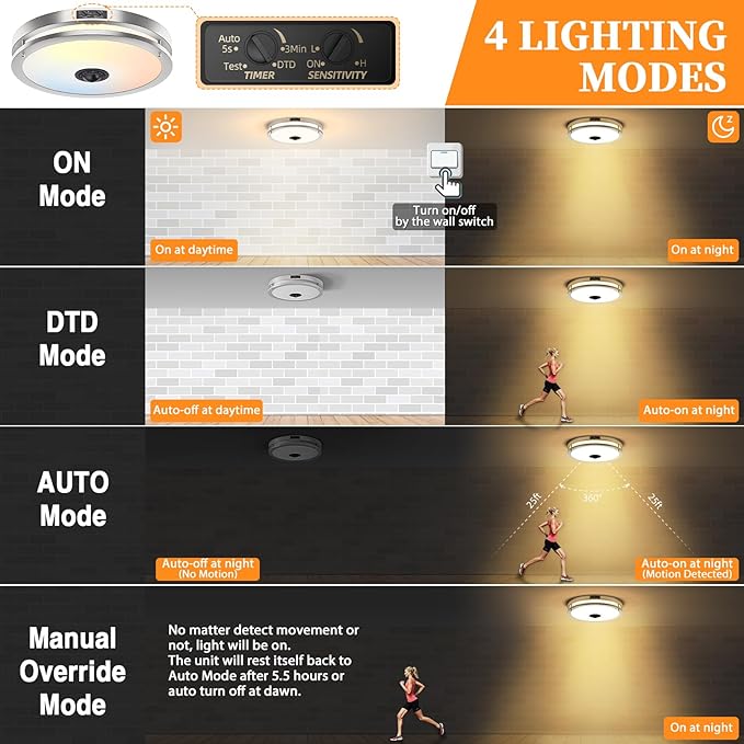24W LED Motion Sensor Outdoor Ceiling Light, 12IN 2700K/3000K/3500K/4000K/5000K Adjustable Ceiling Lights, Dusk to Dawn Flush Mount LED Ceiling Light Fixture for Porch, Garage, Nickel