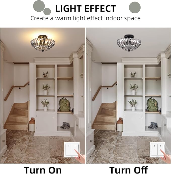 Semi Flush Mount Ceiling Light, 11.8 Inch Black Vintage Hallway Light Fixture with Smoky Gray Glass, Close to Ceiling Light for Bedroom Kitchen Living Room Bathroom Foyer, E26 Base