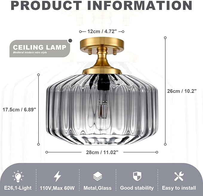 Gold Flush Mount Ceiling Light Fixture Porch Glass Ceiling Light Contemporary Ribbed Glass Chandeliers Overhead Light Farmhouse Lamp for Laundry Room, Entryway Pantry Light(Gray)