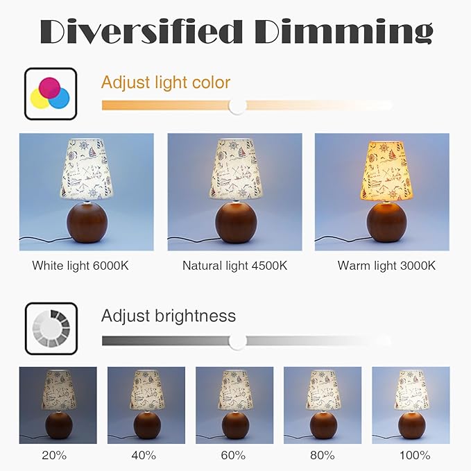 Vintage Wooden Base Fabric Table Lamp, Adjustable Light Color and Brightness with Power-Off Memory, Safe USB Powered, Retro Style LED Light for Bedroom Living Room Office (Voyage)