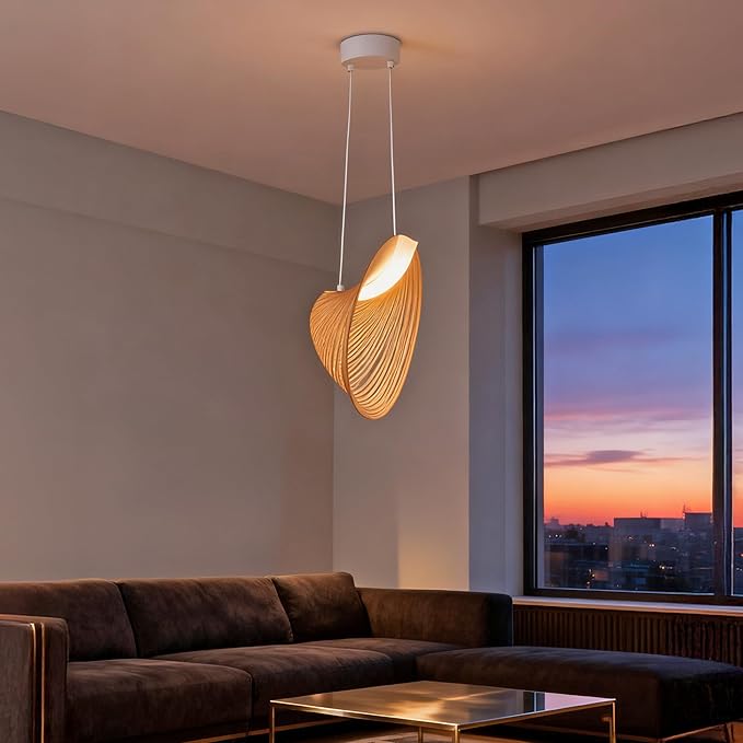 Modern Creative Dynamic Pendant Light, 23.6‘’ Farmhouse Wooden Gravity Spiral Ceiling Mount Hanging Lamp, 20W, 1800LM, Warm White LED Chandelier for Living Room, Dining Room, Cafes, Decor(White)