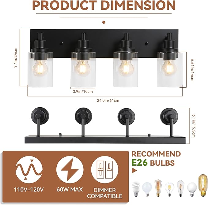 LOUSACE 4 Light Bathroom Vanity Light, Matte Black Bathroom Lighting Fixtures with Clear Glass Shade, Modern Vanity Wall Sconces over Mirror, Farmhouse Black Bath Light Fixture for Bedroom Living Room