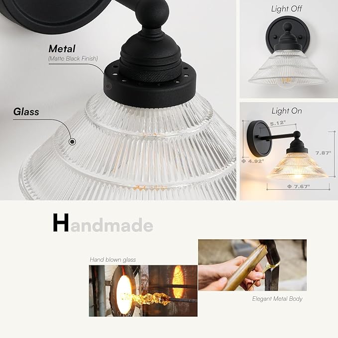 Vintage Wall Sconce 1-Light with Clear Ribbed Glass Shade, Industrial Hardwired Wall Light Fixture for Bedside Living Room Vanity Bathroom Hallway