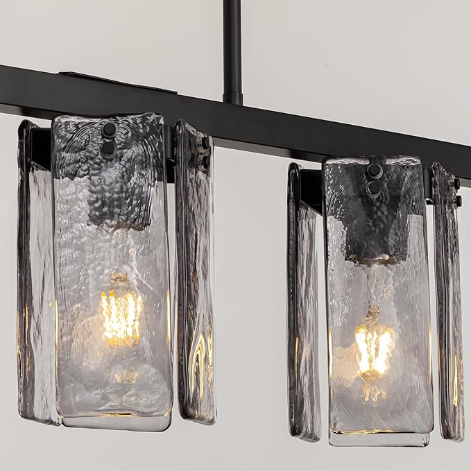 L41.3 ''Farmhouse Linear Chandelier for Dining Room,5 Lights Kitchen Island Light Fixtures,Matte Black Chandeliers with Smoked Glass Shade,and Height Adjustable