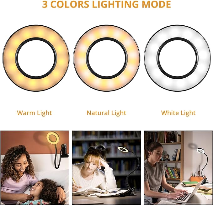Woputne Desk Clip on Lamp for Reading Home Office, with 5V 2A Adapter, 10 Dimmable Brightness 3 Modes, Clamp Reading Light for Bed Headboard, Craft (2packs, Black)…