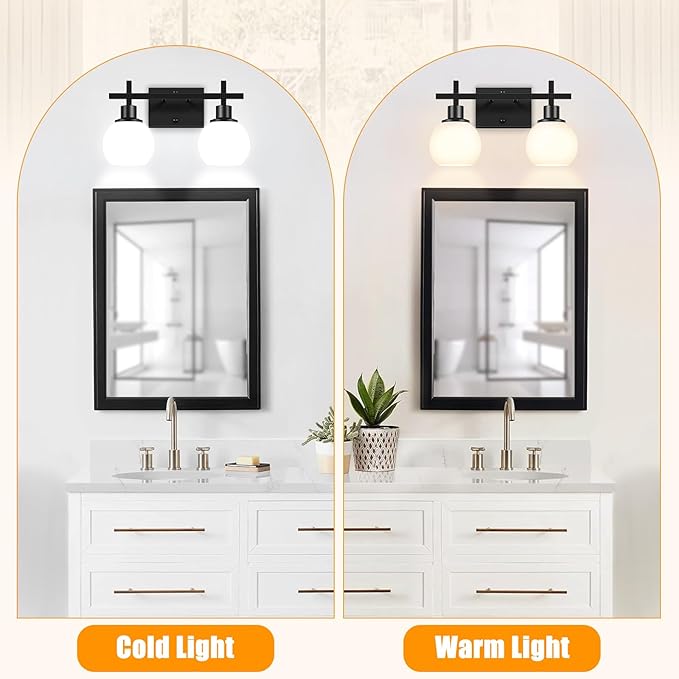 Dpyrrhic 2-Light Black Bathroom Lighting Fixtures Over Mirror,Modern Vanity Lighting Fixtures,Bathroom Wall Mounted Vanity Light with Milky White Glass Lampshade for Living Room，Bedroom，Hallway