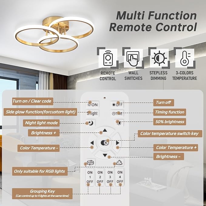 Modern Ceiling Light Fixture,3 Rings Dimmable Flush Mount Ceiling Light with Remote Control, Gold Close to Ceiling Lighting Fixtures for Bedroom Living Room Dining Room Kitchen Ceiling Lamp