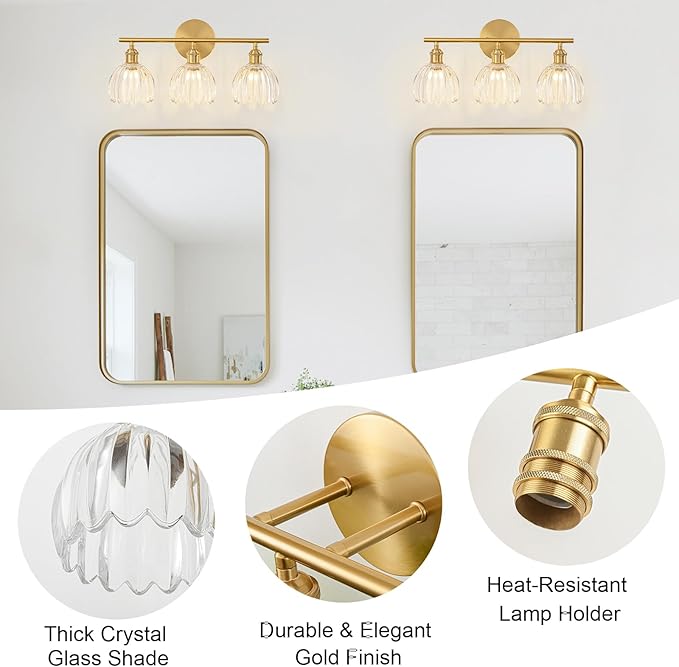 Gold Bathroom Light Fixtures Over Mirror, 3 Light Bathroom Vanity Light Fixture with Tulip Transparent Glass Lampshade, Vintage Vanity Lights for Bathroom, Bathroom Vanity Lights Over Mirror