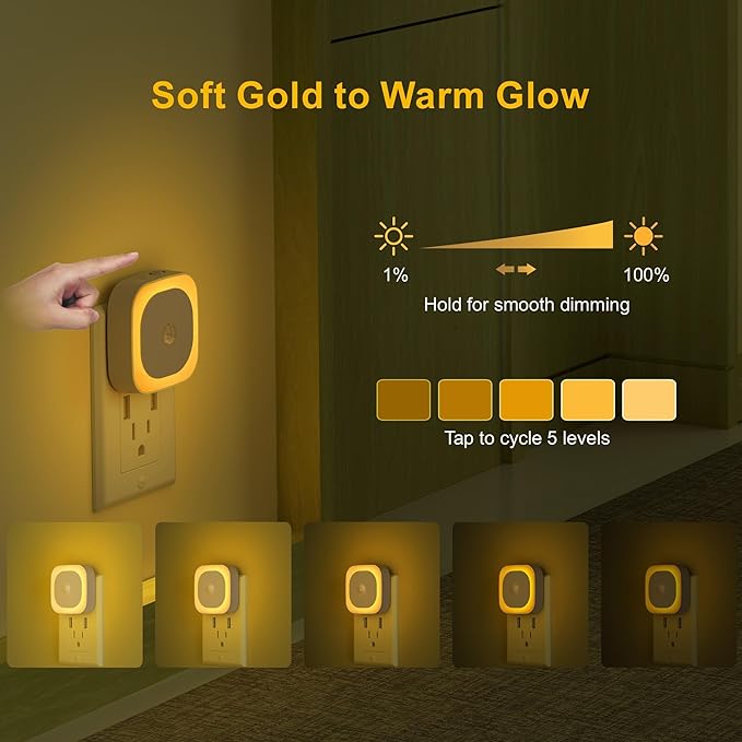 YUNLEX 2 Pack Plug in Night Light with Motion Sensor & Dusk to Dawn Sensor, 3 Sensor Modes, Auto ON/Off, Dimmable, Soft Glow for Living Room, Hallway, Stairs, Bathroom, as Mother Gifts, Golden Yellow