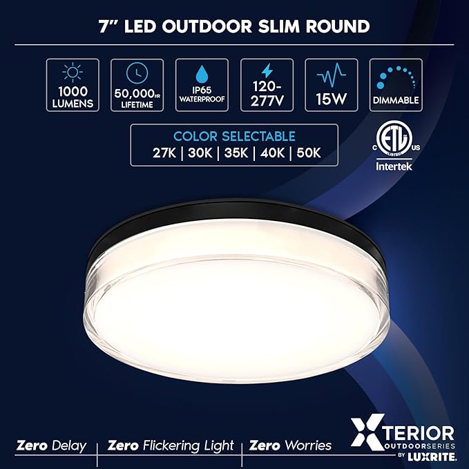 LUXRITE Slim 7 Inch LED Outdoor Flush Mount Light, 15W, 1000LM, 5CCT 2700K 3000K 3500K 4000K 5000K, Dimmable LED Ceiling Light, IP65 Waterproof, ETL Listed - Black (2 Pack)