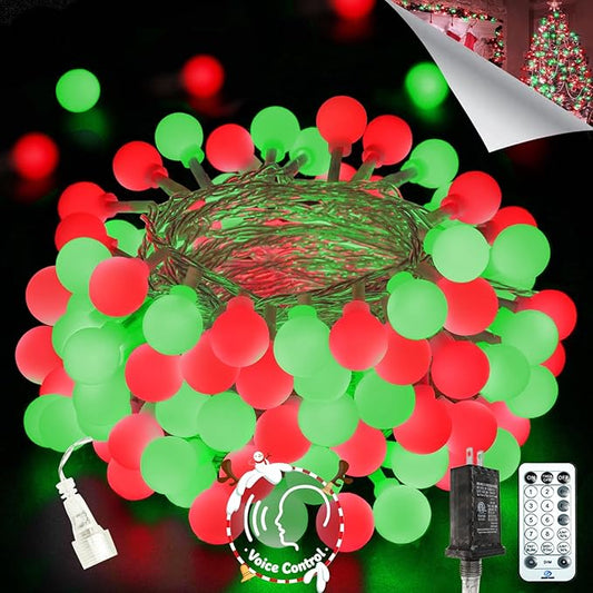 2026 New Connectable 43FT Smart Voice Controlled String Lights Indoor Outdoor | 100LED Red and Green Globe Fairy Lights with Remote, 12 Modes Waterproof Hanging Light for Bedroom Classroom Decor
