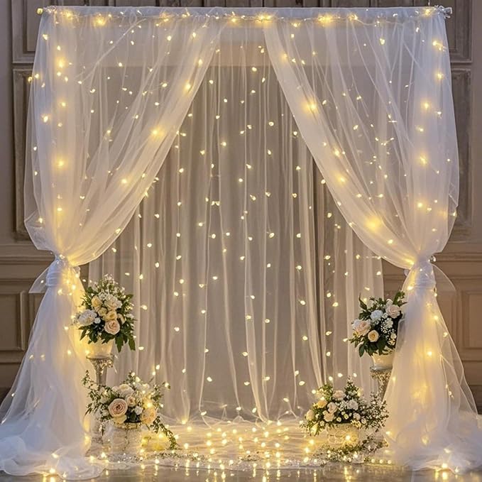 White Tulle Backdrop Curtain with Lights, Elegant Sheer Photo Backdrop Drapes, Soft Fabric Curtain for Weddings Brithday Parties Photography Background Decor, 10ftx8ft