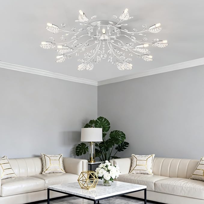 Modern Crystal Ceiling Light Fixture,Silvery Semi Flush Mount Chandeliers,Crystal Leaf Ceiling Light, Chandeliers for Dining Room,Living Room,Bedroom