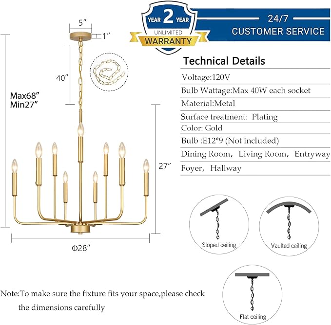 Gold Chandeliers for Dining Room Light Fixture Over Table, Modern Farmhouse Chandeliers for Living Room,9-Lights Industrial Metal Candle Lighting Fixtures for Entryway Kitchen Island Foyer