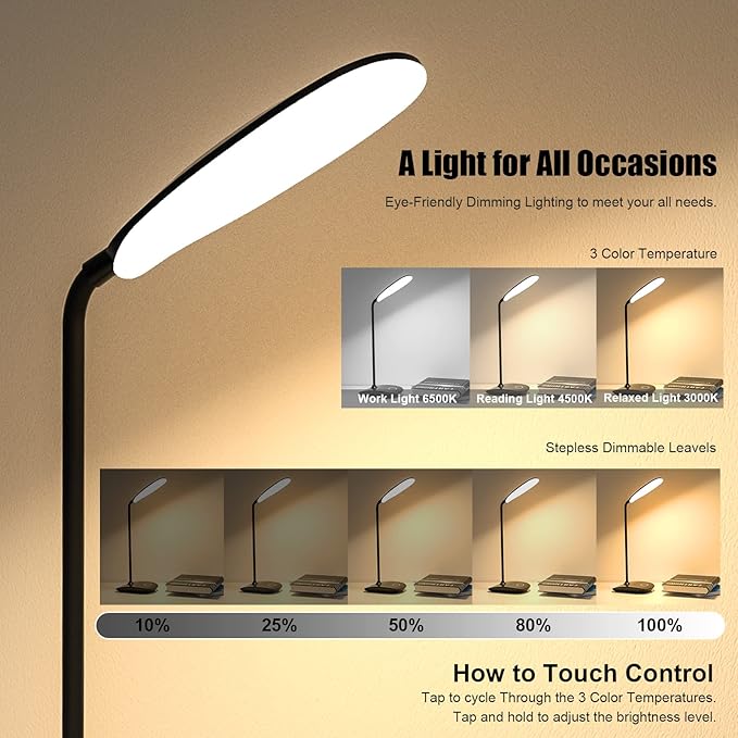 DEEPLITE Battery Operated Desk Lamp, LED Desk Light 3 Lighting Modes Stepless Dimming, Table Lamp 5W Touch Control Eye Caring, Flexible Gooseneck, Portable Reading Light for Dorm Study Office Bedroom