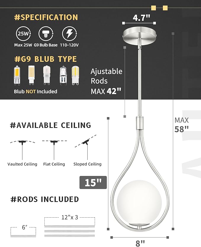 AUTELO Modern Pendant Lights Kitchen Island, 1-Light Pendant Lights in Brushed Nickel Finish with Milky White Globe Glass, Nickel Pendant Light Fixtures, Hanging Lamp for Kitchen Island H9377 MGST