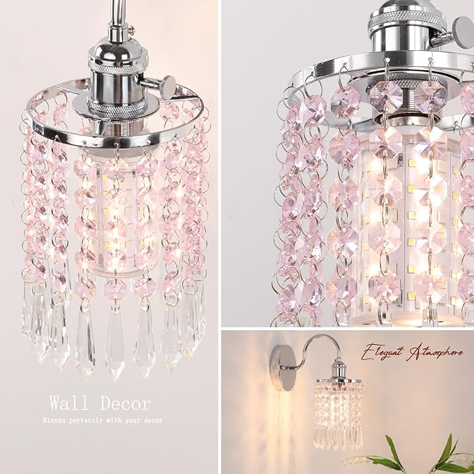 Shenmoyl Set of 2 Crystal Battery Operated Wall Sconce, Rechargeable Battery Powered Wall Lamp with Remote Control, Modern Dimmable Wall Lights for Bedroom Bathroom(Pink, Silver Base)