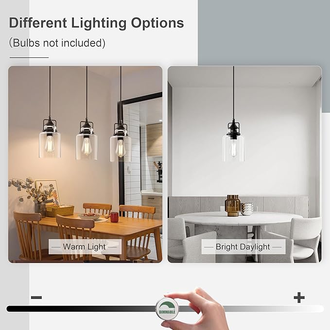hansang 3 Pack Pendant Lights for Kitchen Island, Modern Black Hanging Light Fixture, 47Inches Island Lights, Adjustable Rope, Farmhouse Clear Glass, E26 Base, Bulbs Not Included