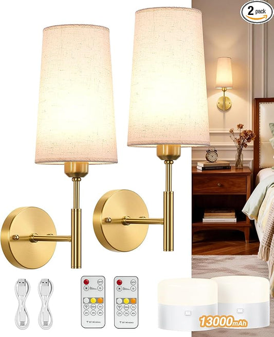 Battery Operated Wall Sconce Set of Two, Gold Rechargeable Wall Sconce, 13000mAh Wireless Wall Sconce with Remote, No Wire Dimmable Wall Lamp/Light for Bedroom, Beige Linen Fabric