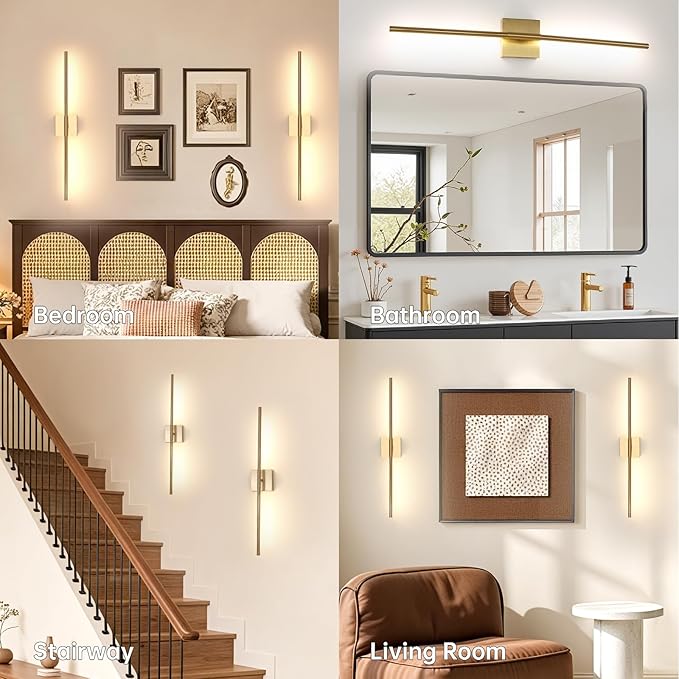 Shenmoyl Battery Operated Wall Sconce Set of 2, 10400mAh Rechargeable Wall Sconces, 3000K-6000K Dimmable, 350°Rotate, Indoor Wall Lights for Bedroom Living Room Bathroom, Gold, 31.5 Inch