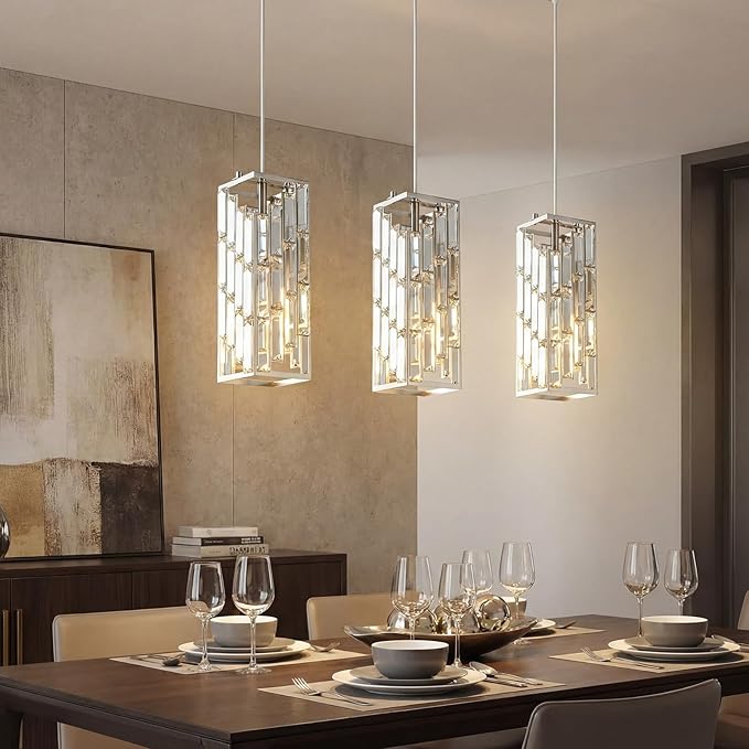 Brushed Nickel Pendant Lighting Modern Pendant Light, Mini Crystal Chandeliers, Adjustable Pendant Light Fixture for Kitchen Island Dinning Room Bedroom (3 Pack)