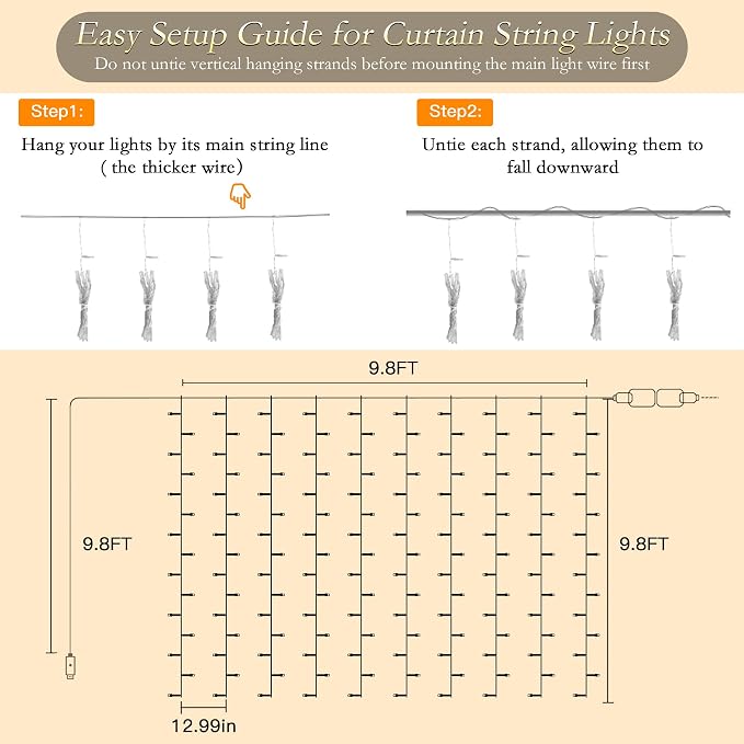 Curtain String Lights Indoor, 300LED 9.8 * 9.8FT USB Plug-in Window Curtain Lights with Timer and 8 Modes, Waterproof Warm White Curtain Fairy Lights for Bedroom Room Wedding Outdoor Decor