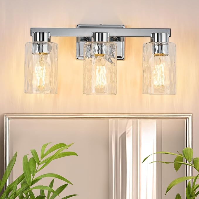 3-Light Bathroom Light Fixtures Modern Chrome Vanity Lights with Water Ripple Glass Wall Sconces Over Mirror for Bathroom, Powder Room, Living Room