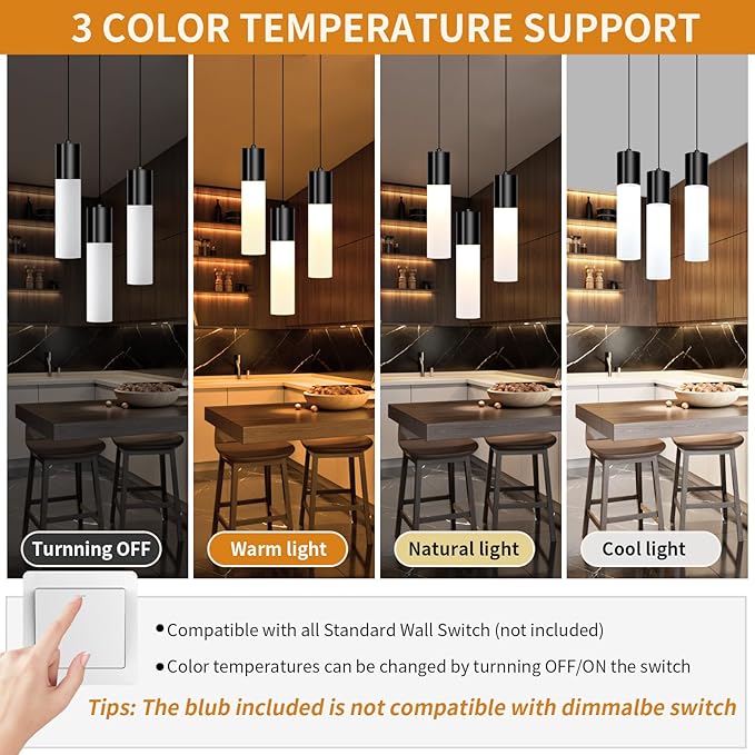Cluster Black Pendant Lighting Fixture 3-Light Modern Hanging Dining Table Light with Milky White Lampshade LED Pendant Lights for Kitchen Island Dining Room Adjustable Height, 3000K-6000K