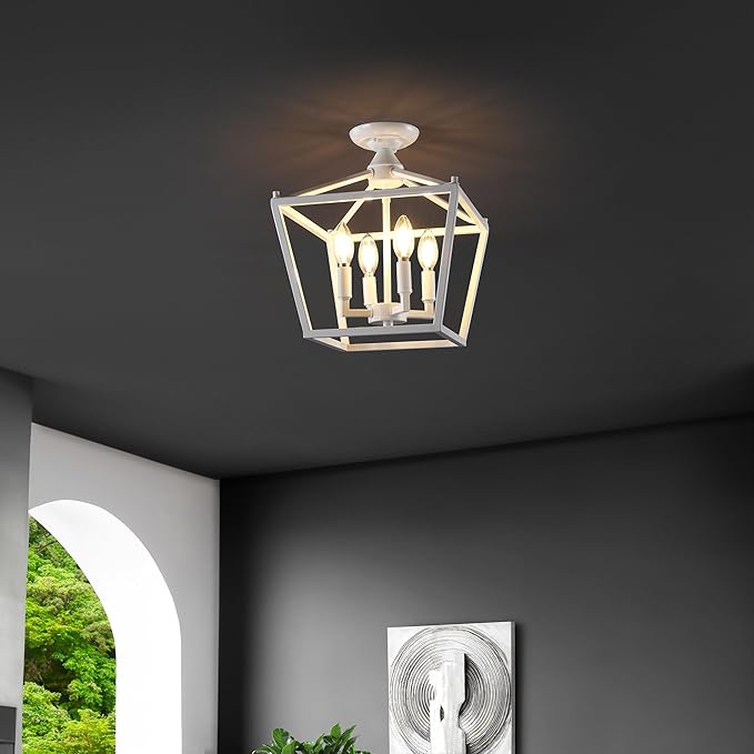 JONATHAN Y 12" White Modern Farmhouse Pagoda 4-Light LED Semi Flush Mount Lantern, Metal Ceiling Light Fixture for Kitchen, Hallway, Entryway, Bedroom, Hardwired (JYL7610E)
