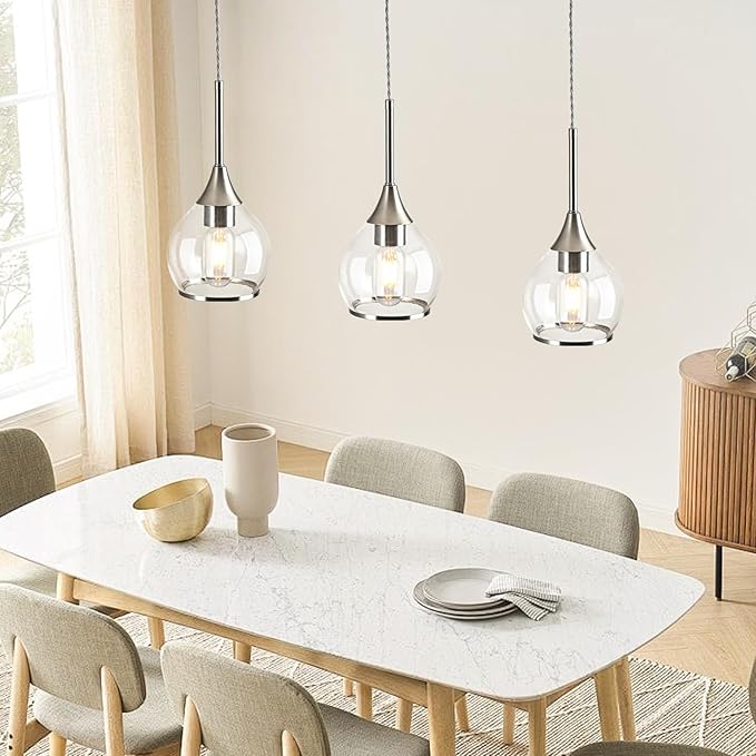 1-Piece Island Light for Kitchen, 1-Light Brushed Nickel Kitchen Island Hanging Pendant Light with Clear Round Glass Shades, Brushed Nickel Finish Dining Room Light Fixture Over Table